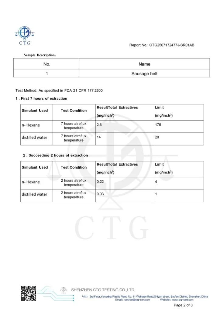 Sausage machine belt FDA certificate 2 resized