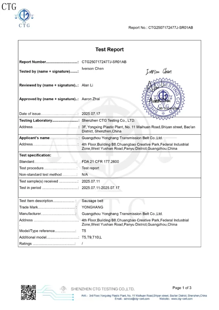 Sausage machine belt FDA certificate resized