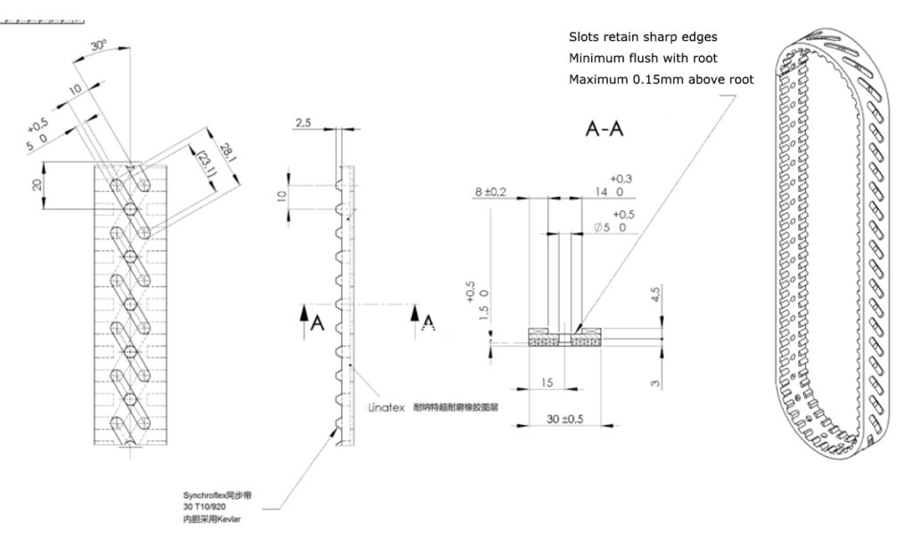 T10-920 VFFS belt With Linatex Cover 5 T10 920 30 92齿数 磨齿14mm 斜沉孔30度