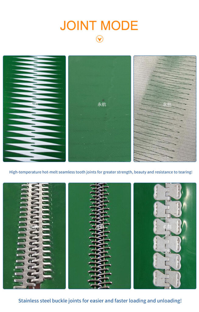 High-temperature hot-melt seamless tooth joints for greater strength, beauty and resistance to tearing!
Stainless steel buckle joints for easier and faster loading and unloading!