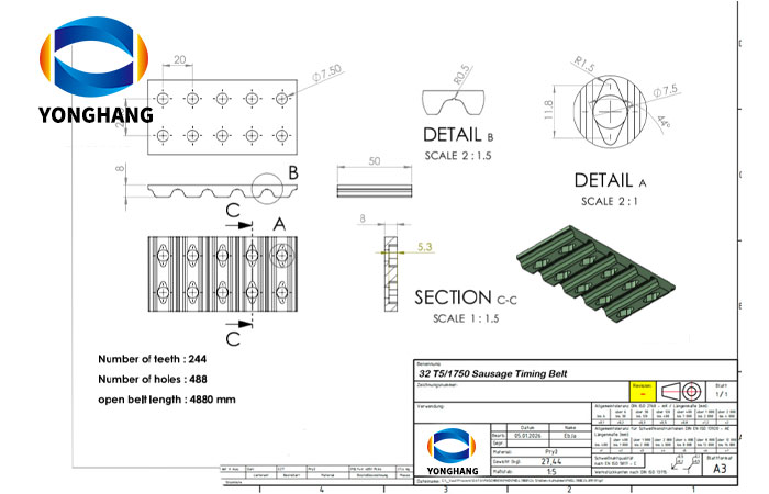 Industrial Belt Technical Drawing Examples 7 Fake teeth timing belts