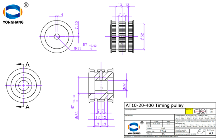 timing belts pulleys Drawing examples Project 5 AT10 20 400 Timing pulley