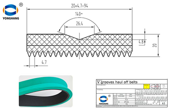 V grooves haul off belts