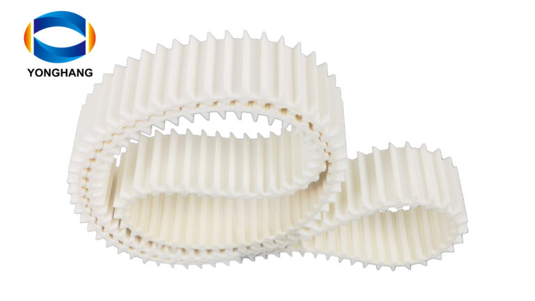 food-grade white PU timing belt with cleats for pharmaceutical and food packaging.