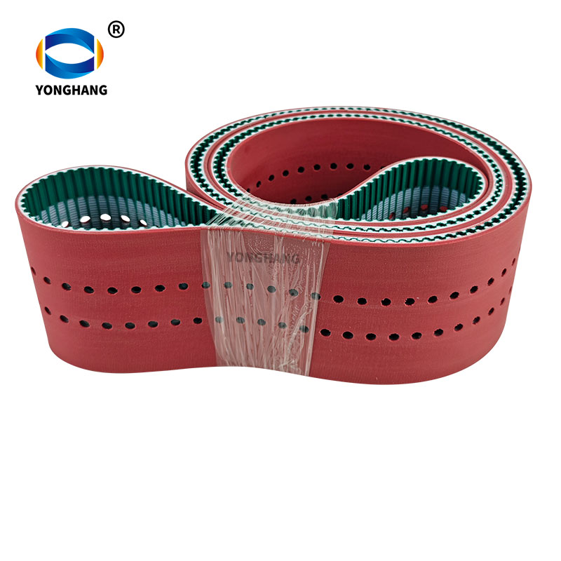 red rubber coated PU timing belt with hole for Photovoltaic industry transmission