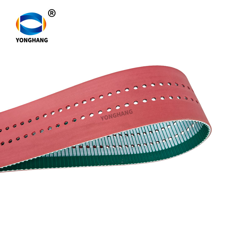 PAZ PU Timing Belt with Red Rubber Coating and Punched Holes for Photovoltaic Industry Transmission 1 red rubber coated PU timing belt with hole